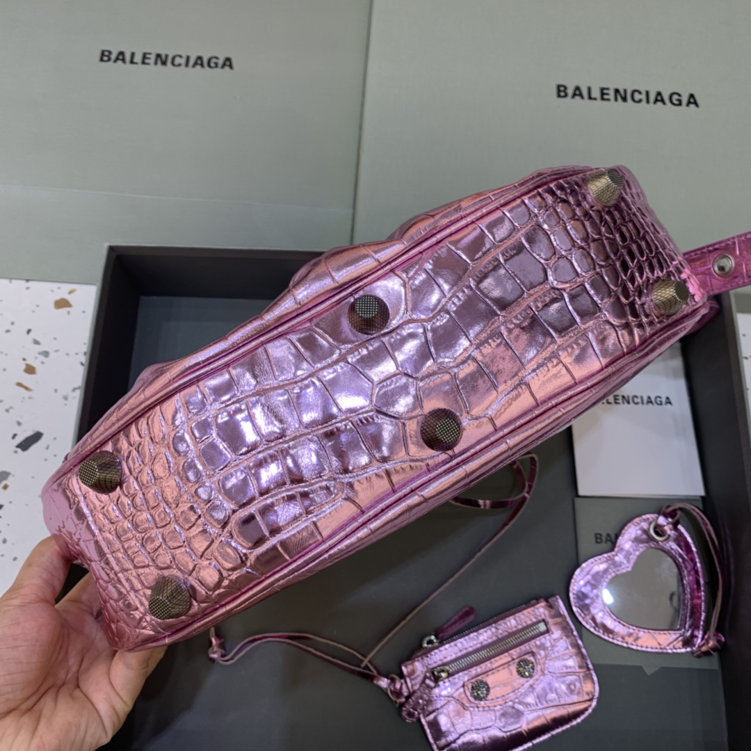 Balenciaga Le Cagole Small Shoulder Bag Crocodile Embossed Rhinestones Purple 